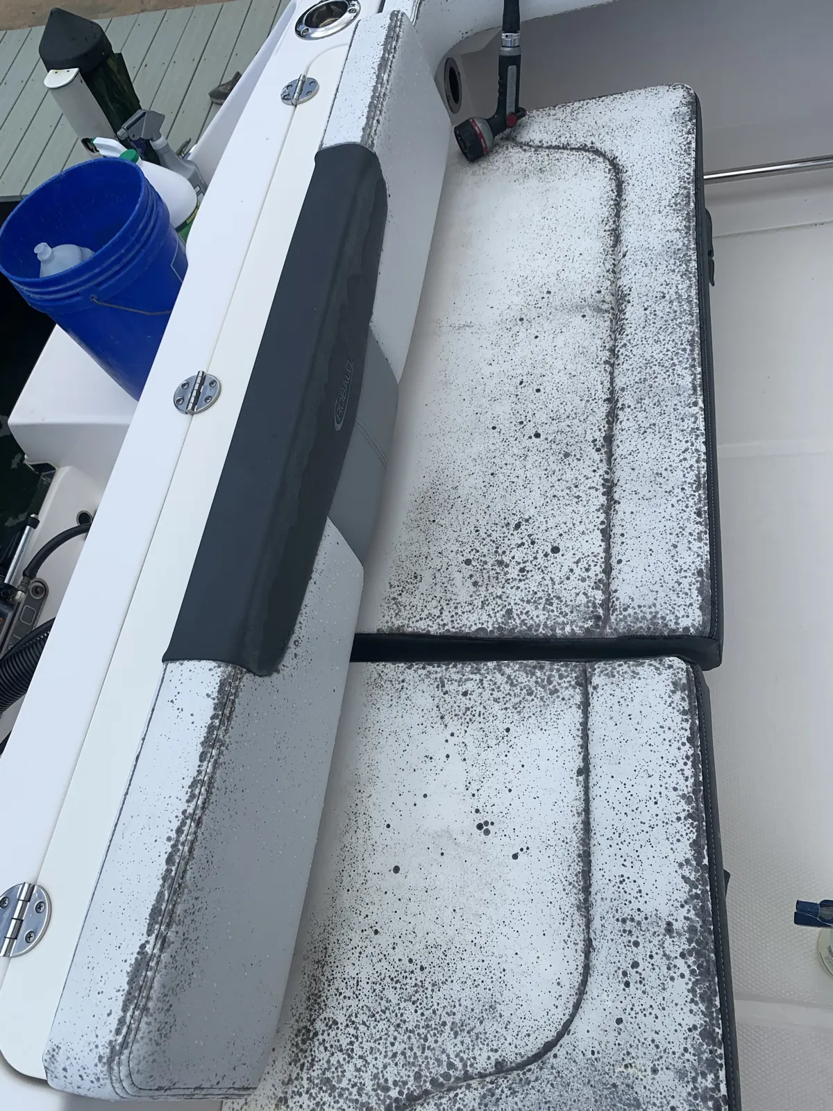Black mildew spots on white Robalo bench seats before a boat detail in Jupiter, Florida