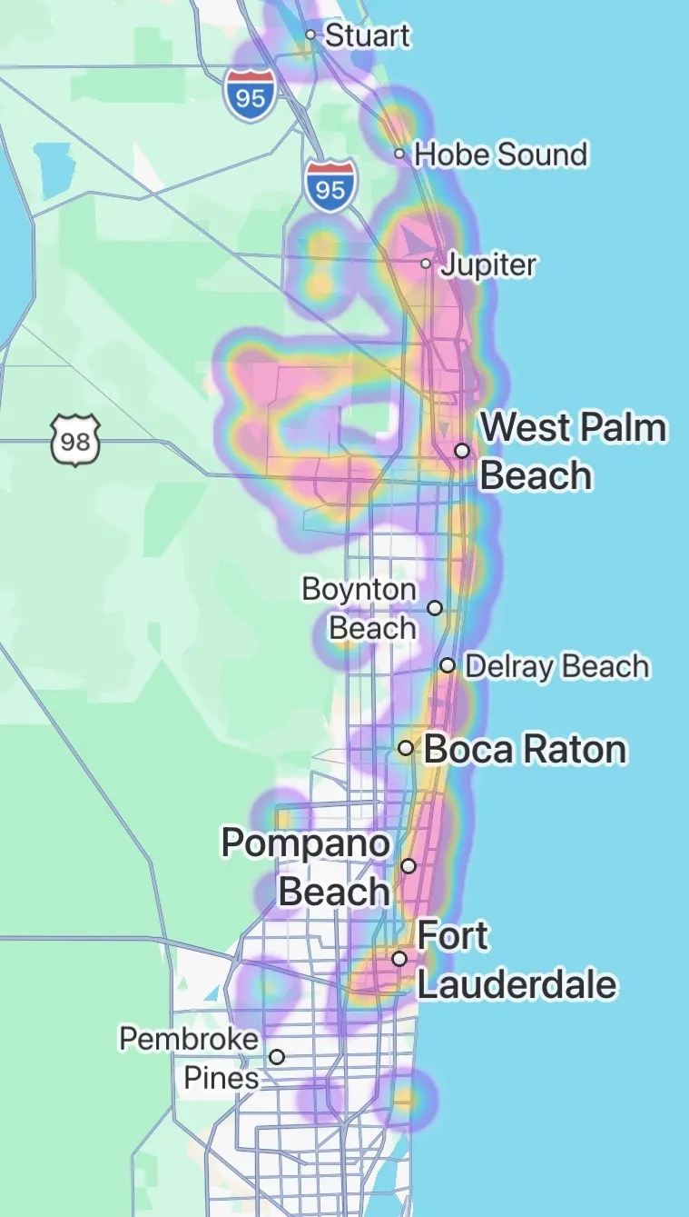 Map of the South Florida coast from Stuart to Pembroke Pines with a colored heat map along the coast, labeling Jupiter, West Palm Beach, Boynton Beach, Delray Beach, Boca Raton, Pompano Beach and Fort Lauderdale